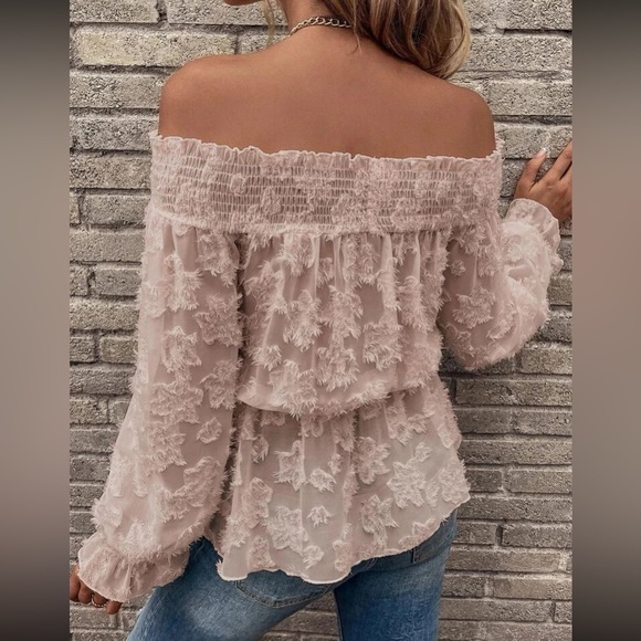 Boho dusty pink  floral jacquard sheer  off shoulder blouse - Picture 3 of 6